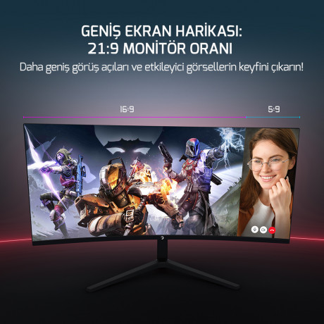 GamePower WQ34 34'' 1ms 180Hz Curved 2K UWQHD 3440*1440 Pivot Gaming Monitör (Sıfır Ölü Piksel Garantili)